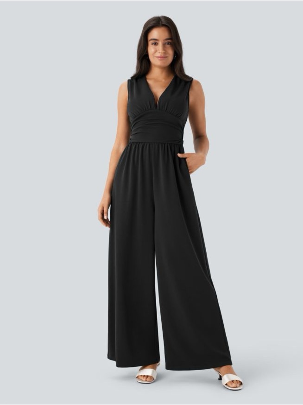 HALARA Black V-Neck Sleeveless Ruched Pocket Wide-Leg Jumpsuit